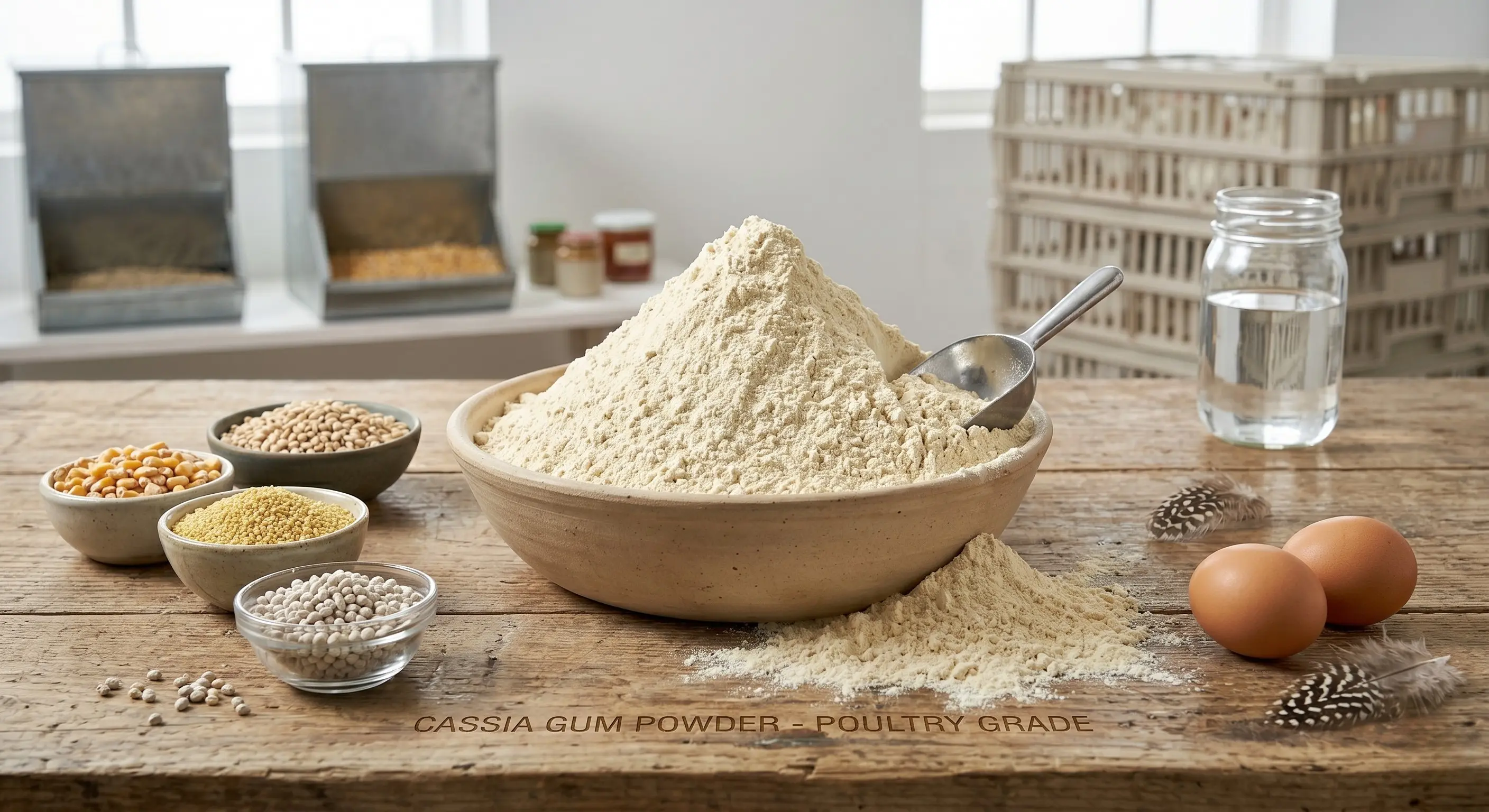 Premium Cassia Gum Powder application for high-quality poultry feed binding and nutrition